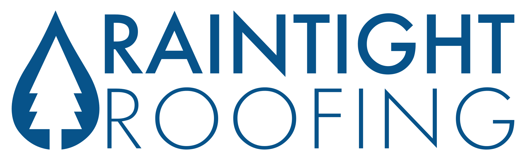 Logo for Raintight Roofing featuring a stylized tree inside a raindrop beside the company name in blue text.